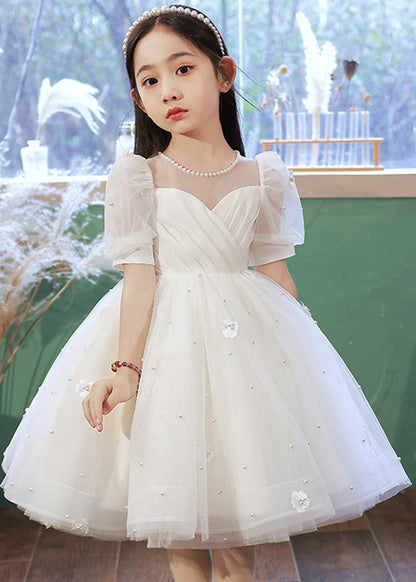 White Nail Bead Tulle Kids Long Dresses Summer Qv013
