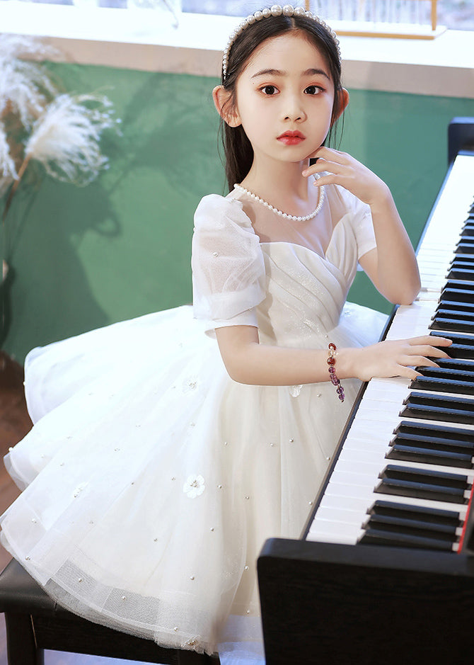 White Nail Bead Tulle Kids Long Dresses Summer Qv013