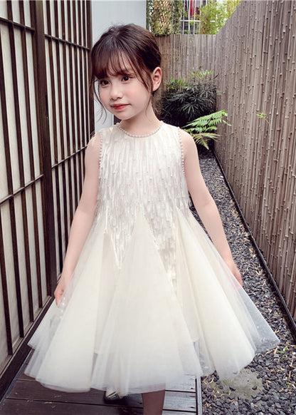 White O-neck Nail Bead Tulle Kids Long Dress Sleeveless Ew012