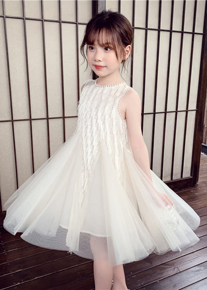 White O-neck Nail Bead Tulle Kids Long Dress Sleeveless Ew012