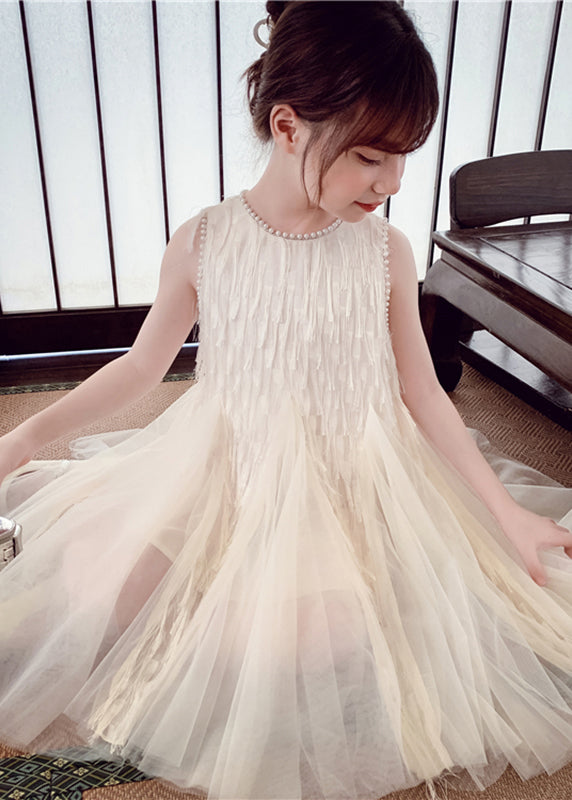 White O-neck Nail Bead Tulle Kids Long Dress Sleeveless Ew012