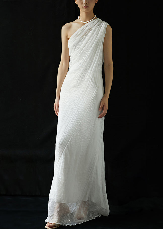 White One-shoulder Wrinkled Silk Long Dresses Summer Kk068