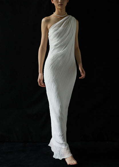White One-shoulder Wrinkled Silk Long Dresses Summer Kk068
