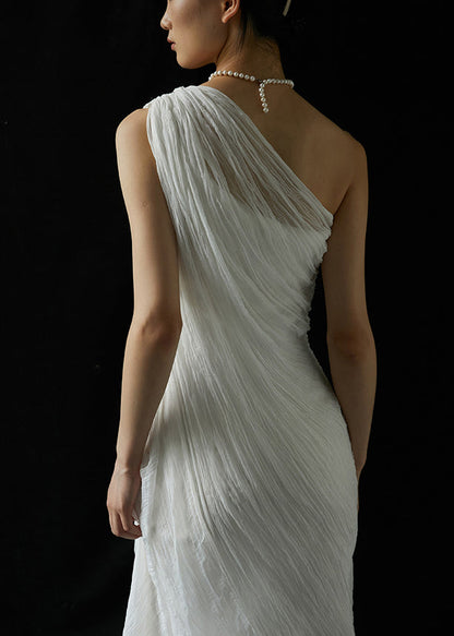 White One-shoulder Wrinkled Silk Long Dresses Summer Kk068