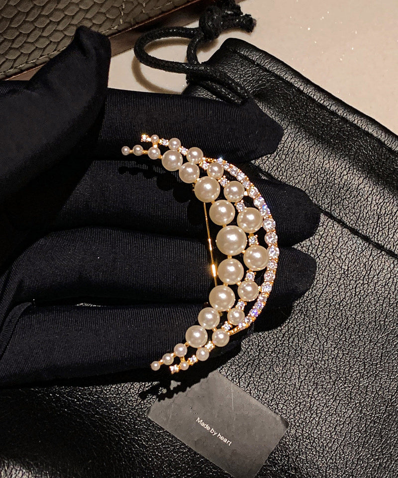White Pearl Moon Shaped Fine Zircon Brooch