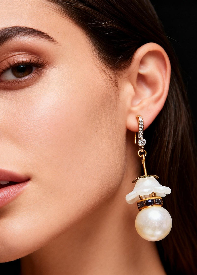 White Pearl Zircon Drop Earrings