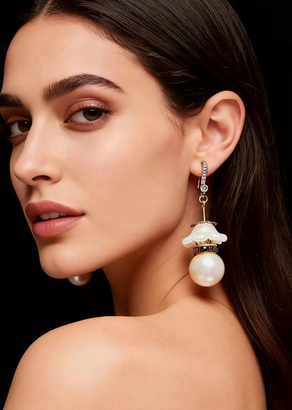 White Pearl Zircon Drop Earrings