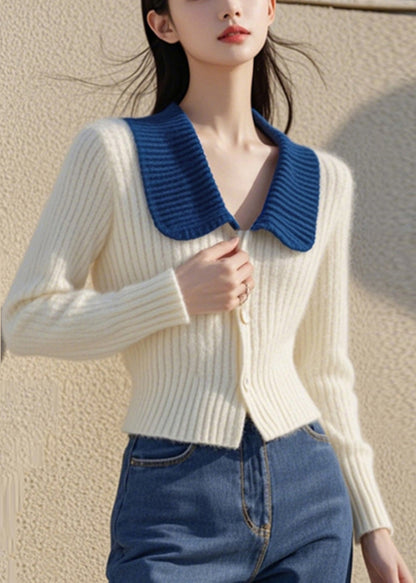 White Peter Pan Collar Button Cotton Knit Cardigan Spring To034
