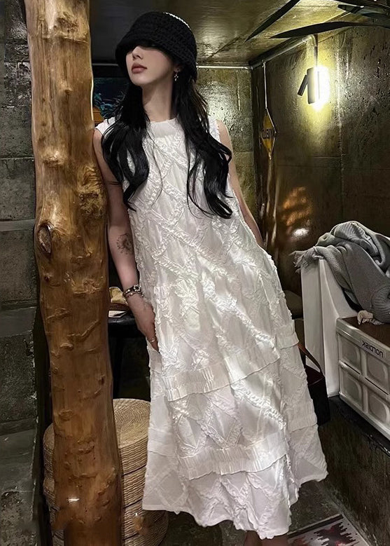 White Ruffled Cotton Long Dress Sleeveless Kk029