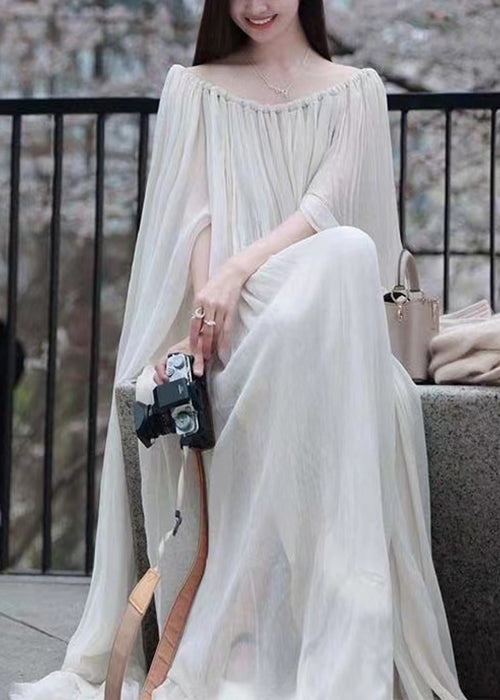 White Slash Neck Wrinkled Cotton Maxi Dress Sleeveless Kk086