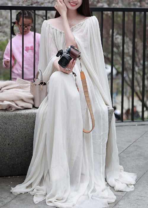 White Slash Neck Wrinkled Cotton Maxi Dress Sleeveless Kk086
