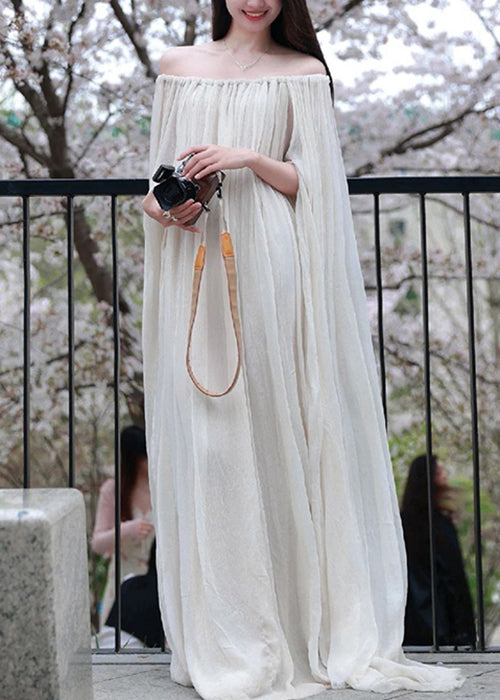 White Slash Neck Wrinkled Cotton Maxi Dress Sleeveless Kk086