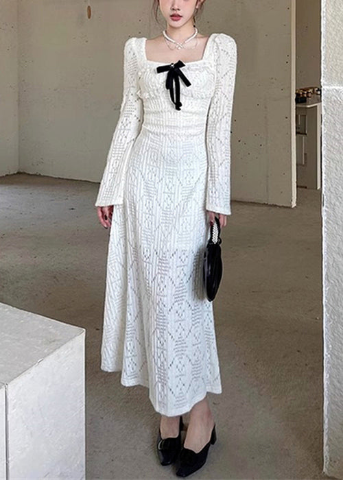 White Square Collar Hollow Out Cotton Long Dresses Spring Yt037