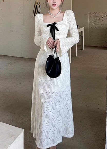 White Square Collar Hollow Out Cotton Long Dresses Spring Yt037