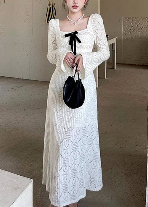 White Square Collar Hollow Out Cotton Long Dresses Spring Yt037