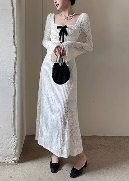 White Square Collar Hollow Out Cotton Long Dresses Spring Yt037