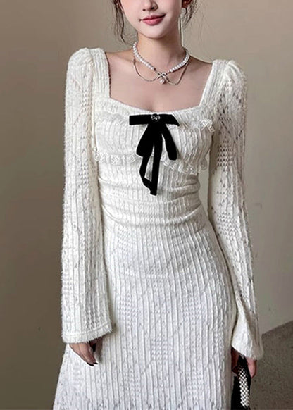 White Square Collar Hollow Out Cotton Long Dresses Spring Yt037