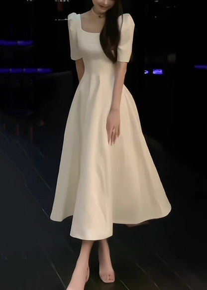 White Square Collar Cotton Long Dress Summer Xx016