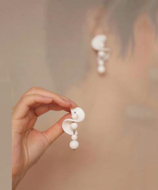 White Stelring Silver Beading Tassel Drop Earrings