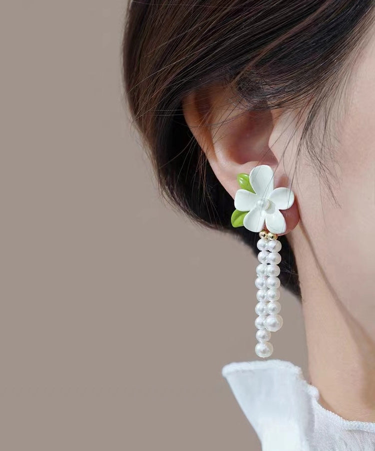 White Sterling Silver Alloy Pearl Tassel Drop Earrings