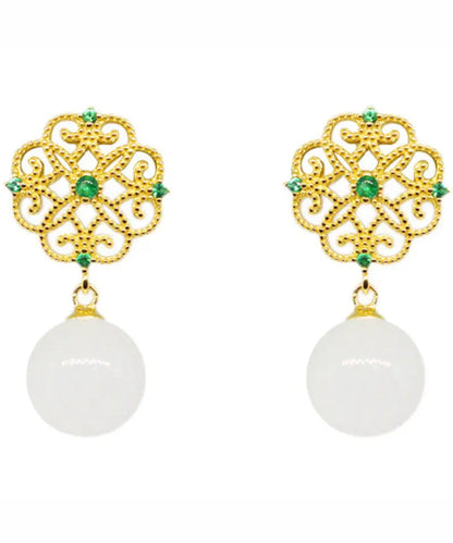 Sterling Silver Overgild Jade Clover Hollow Out Drop Earrings
