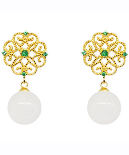 White Sterling Silver Overgild Jade Clover Hollow Out Drop Earrings
