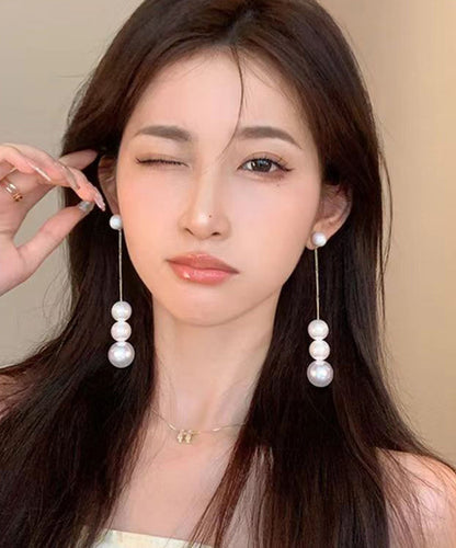 White Sterling Silver Overgild Pearl Tassel Drop Earrings