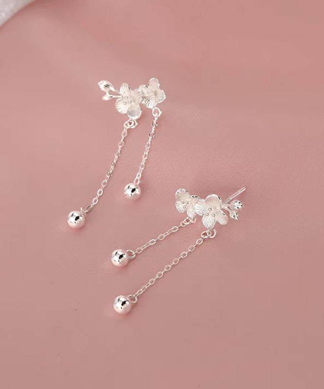 White Sterling Silver Plum Blossom Tassel Drop Earrings
