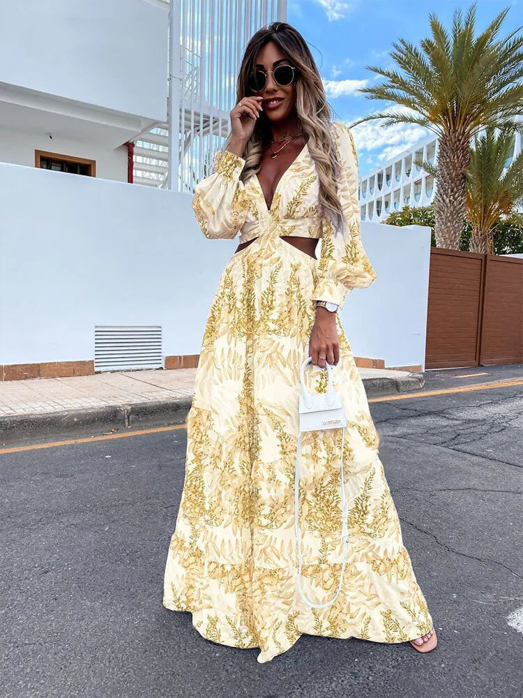 V-neck Print Long Sleeve Maxi Dress