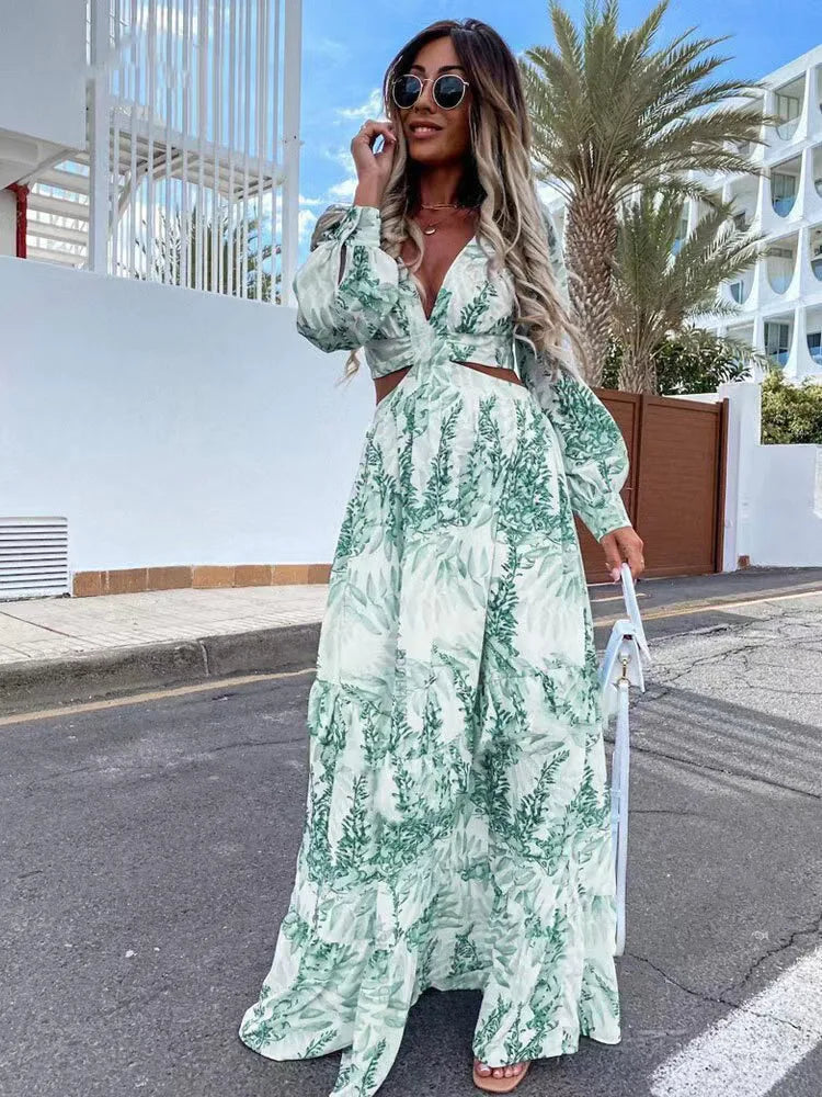 V-neck Print Long Sleeve Maxi Dress