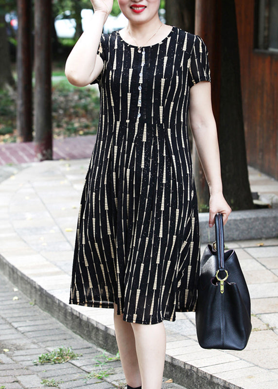 Yellow O-neck Striped Long Dress Short Sleeve Vb1001