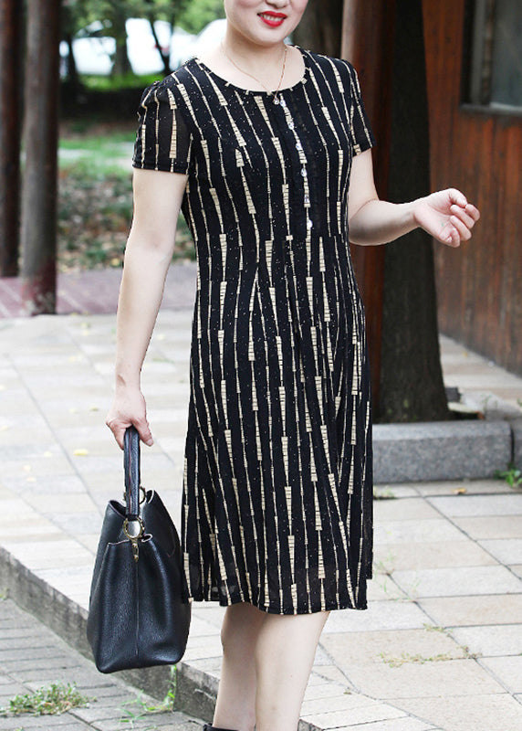 Yellow O-neck Striped Long Dress Short Sleeve Vb1001