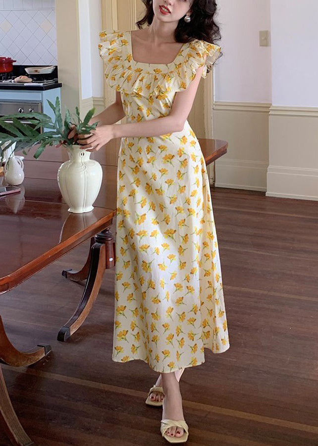 Yellow Ruffled Print Cotton Long Dress Sleeveless Zl017