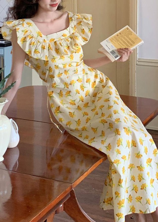 Yellow Ruffled Print Cotton Long Dress Sleeveless Zl017