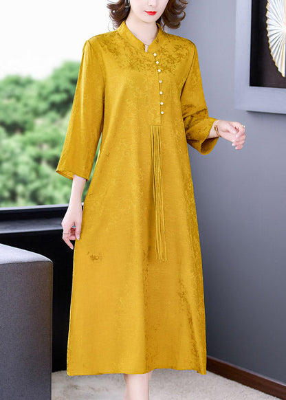 Yellow Stand Collar Tassel Button Silk Long Dresses Long Sleeve Ac2048