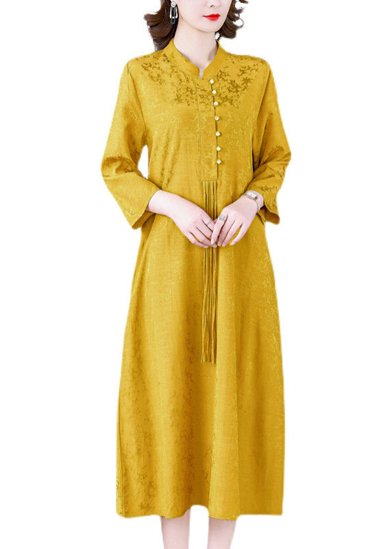 Yellow Stand Collar Tassel Button Silk Long Dresses Long Sleeve Ac2048