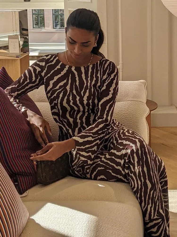 Zebra Print Long Sleeve Party Maxi Dress