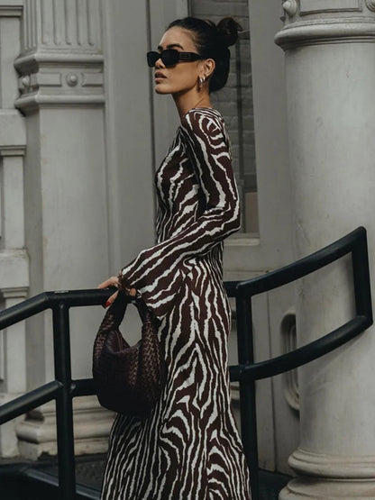 Zebra Print Long Sleeve Party Maxi Dress