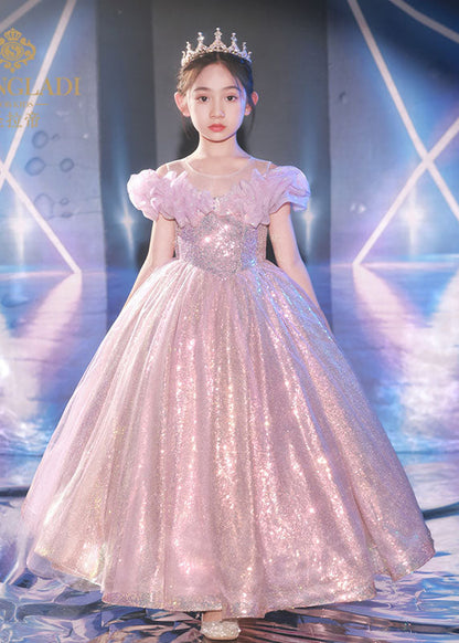 Light Purple O-neck Sequins Patchwork Tulle Maxi Dress Short Sleeve Qv005