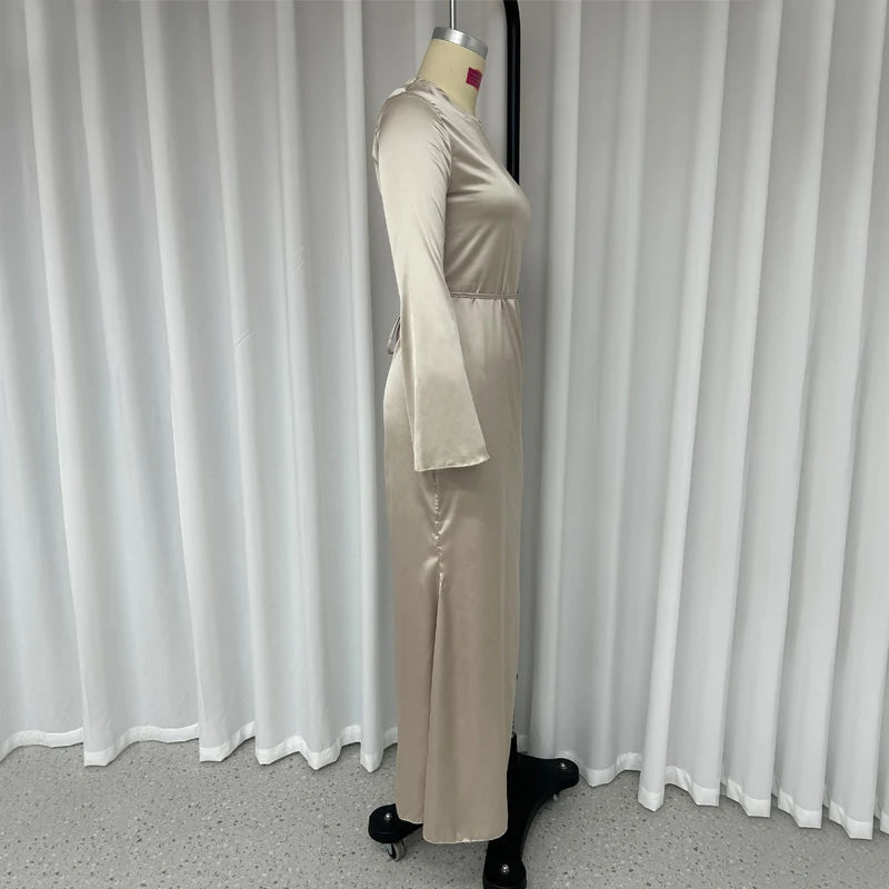 Autumn Slim Flare Sleeve Lace Up Maxi Dress