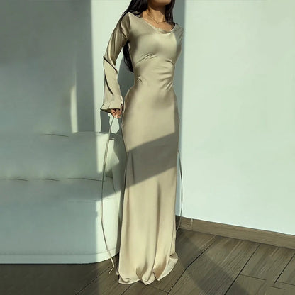 Autumn Slim Flare Sleeve Lace Up Maxi Dress