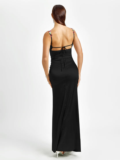 Embellished Strap Tie Back Satin Bodycon Dress
