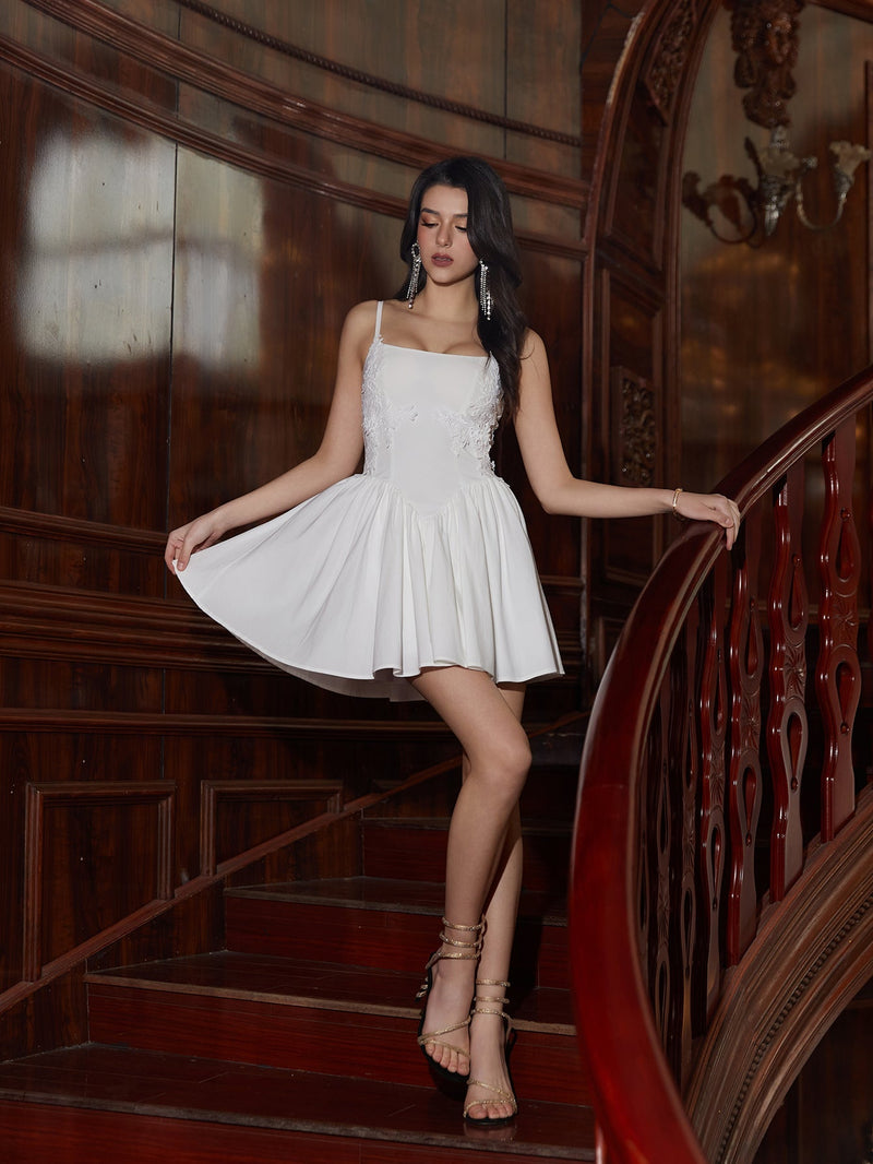 Embroidery Decoration Pleated Hem Cami Dress