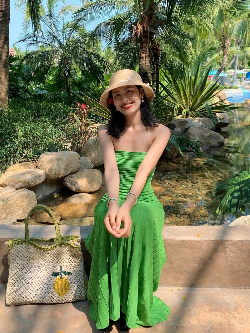 Emerald Green Knit Strapless Bodycon Maxi Dress Beach Glam