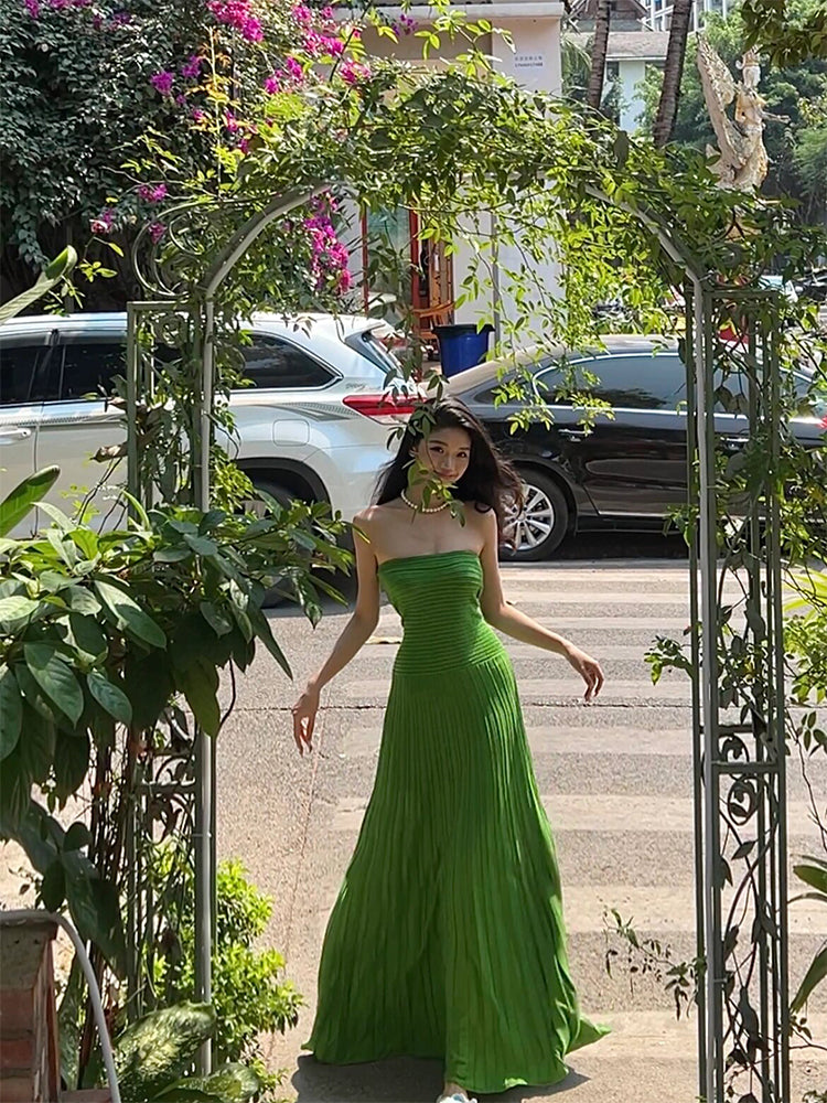 Emerald Green Knit Strapless Bodycon Maxi Dress Beach Glam