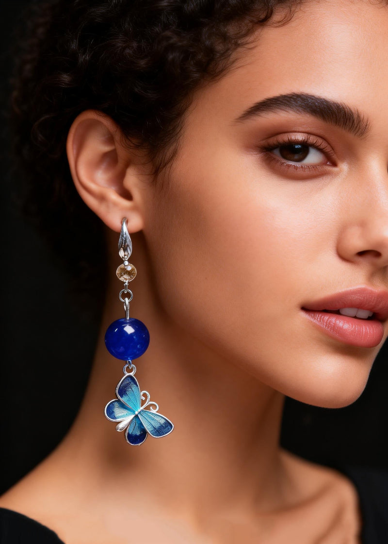 Style Blue Butterfly Long Tasseled Drop Earrings