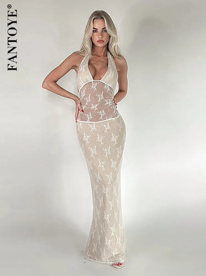 Fantoye See Through Lace Maxi Dress White Spaghetti Strap High Waist Dress Female Skinny Party Clubwear