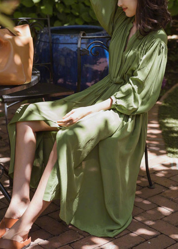 Fashio Green O-neck Cinched Wrinkled Chiffon Maxi Dress Spring Lc0054