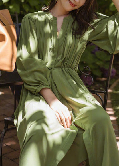 Fashio Green O-neck Cinched Wrinkled Chiffon Maxi Dress Spring Lc0054
