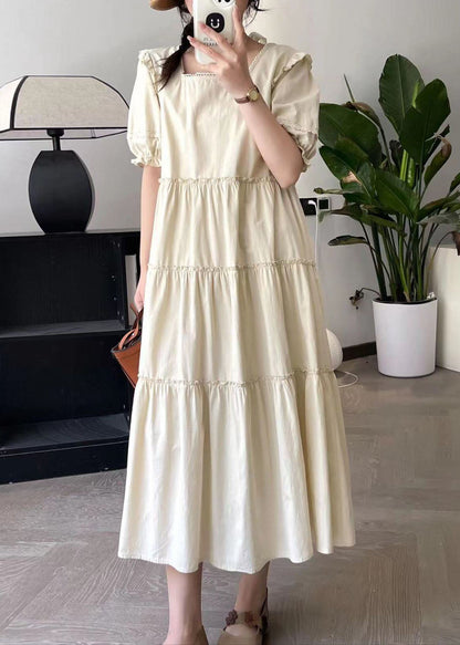 Apricot Square Collar Long Dress Short Sleeve Bv027